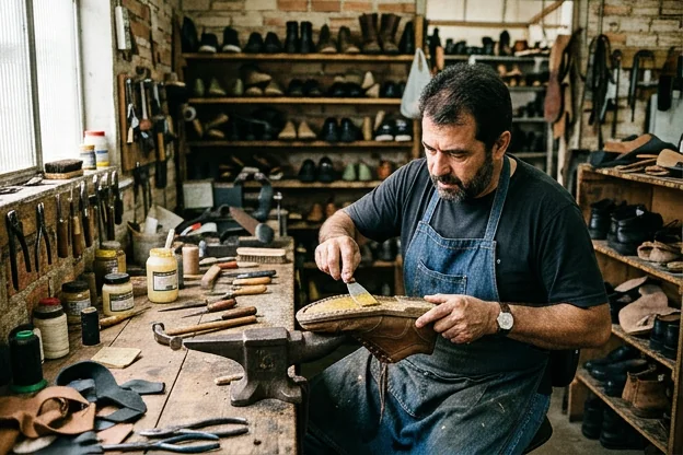 Um profissional colando a sola de um calçado com ferramentas de conserto.
