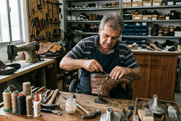 Um sapateiro realizando o conserto do zíper de uma bota com ferramentas específicas.