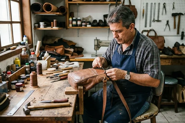 Profissional reformando uma bolsa de couro, com materiais visíveis.