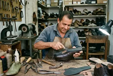 Um sapateiro realizando a troca do solado de um sapato com ferramentas de conserto.