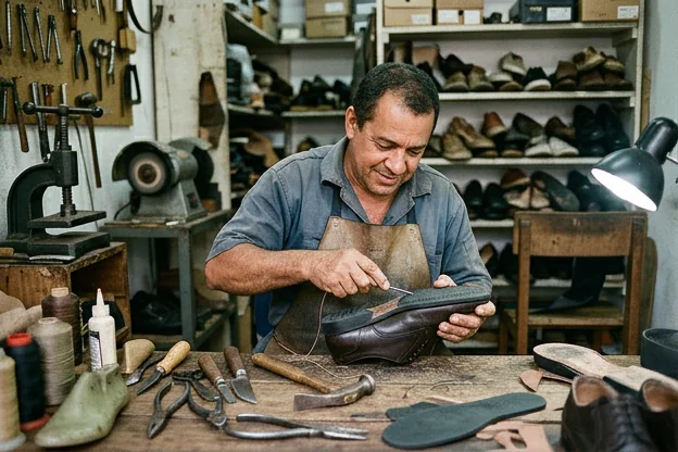 Um sapateiro realizando a troca do solado de um sapato com ferramentas de conserto.